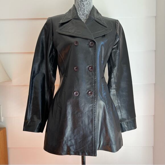 Vintage Black Leather Double Breasted Coat by bebe Size L - Picture 4 of 16